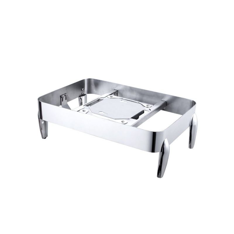 A rectangular, stainless steel chafing dish base. It has a polished silver finish and a simple, modern design.