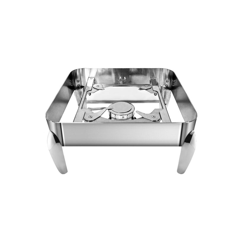 Close-up of a square stainless steel chafing dish base with a polished finish, sitting on a white background.