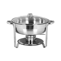 Round stainless steel chafing dish with a glass lid.