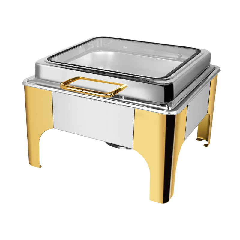 Vague Stainless Steel Semi Gold 6 Liters 2/3 Square Chafing Dish With Glass Lid