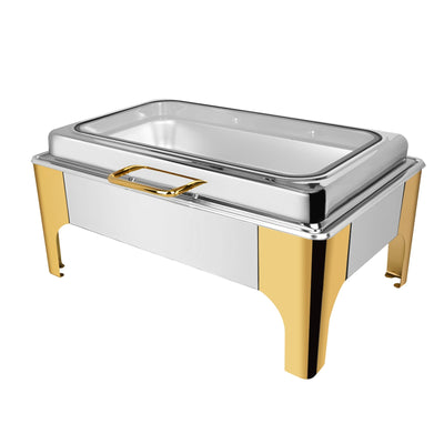 Vague Stainless Steel Semi Gold 9 Liters 1/1 Rectangular Chafing Dish With Glass Lid