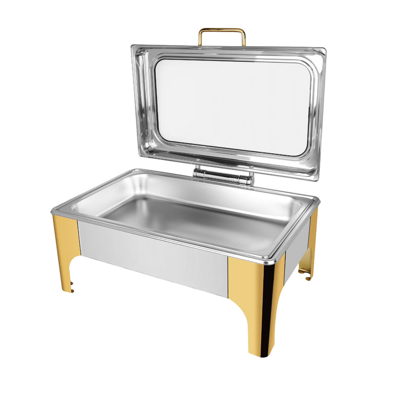 Vague Stainless Steel Semi Gold 9 Liters 1/1 Rectangular Chafing Dish With Glass Lid