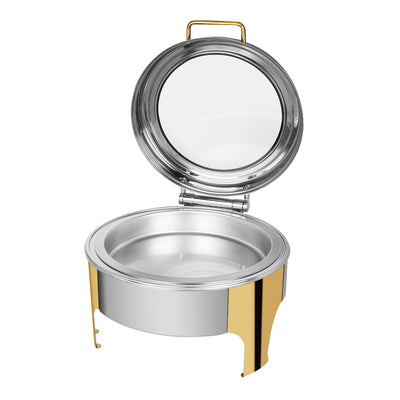 Vague Stainless Steel Semi Gold 6 Liters Round Chafing Dish With Glass Lid