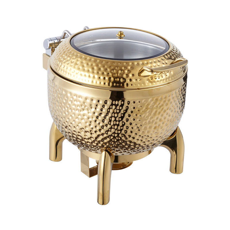 Vague Stainless Steel Gold Hammered 10 Liter Round Soup Station with Glass Lid