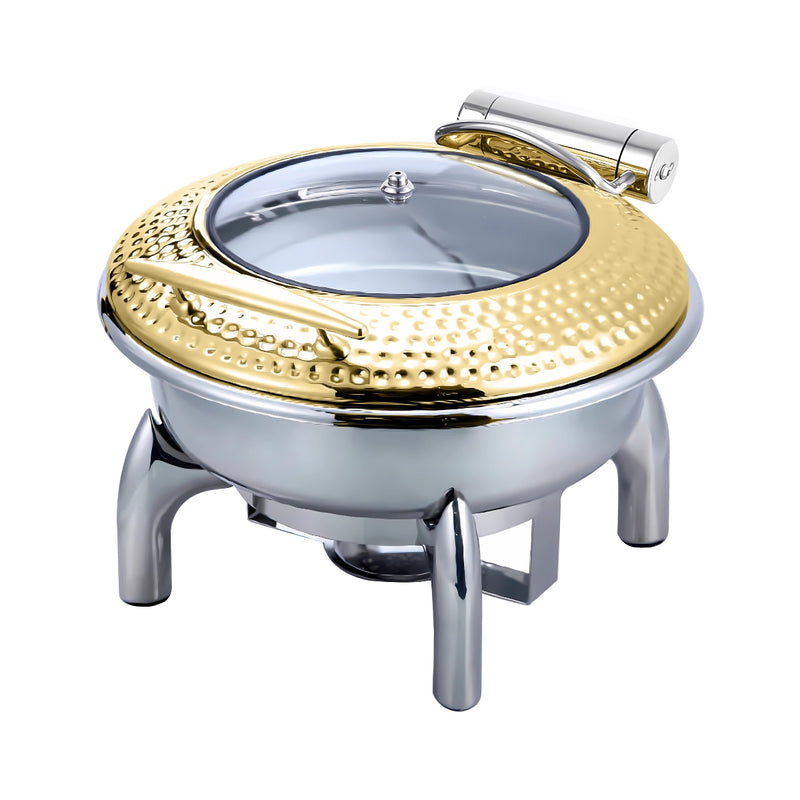 Vague Stainless Steel Gold Hammered 6 Liter Round Chafing dish with glass Lid