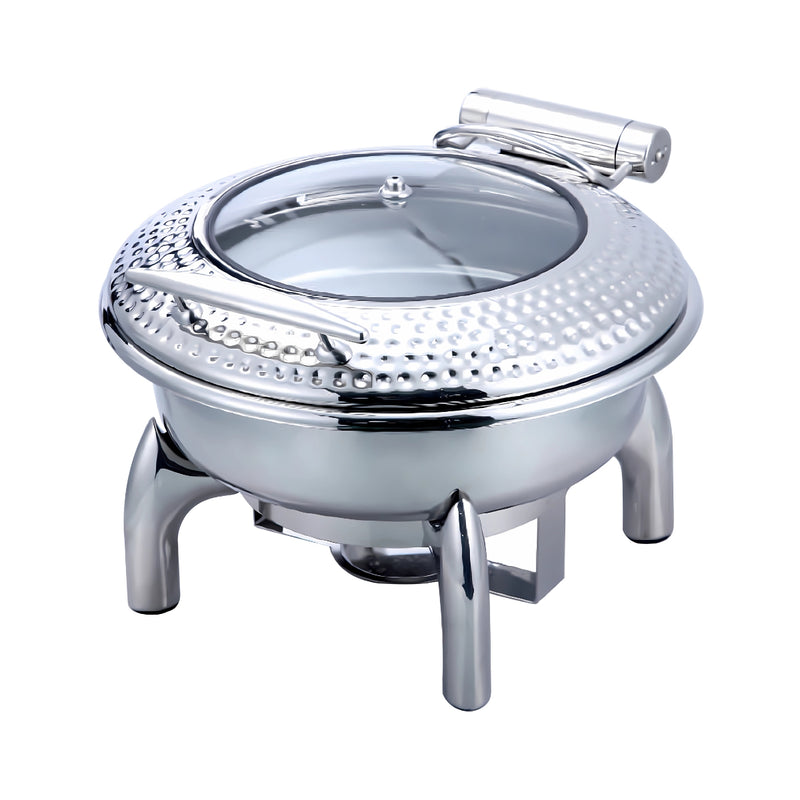 Vague Stainless Steel Silver Hammered 6 Liter Round Chafing dish with glass Lid