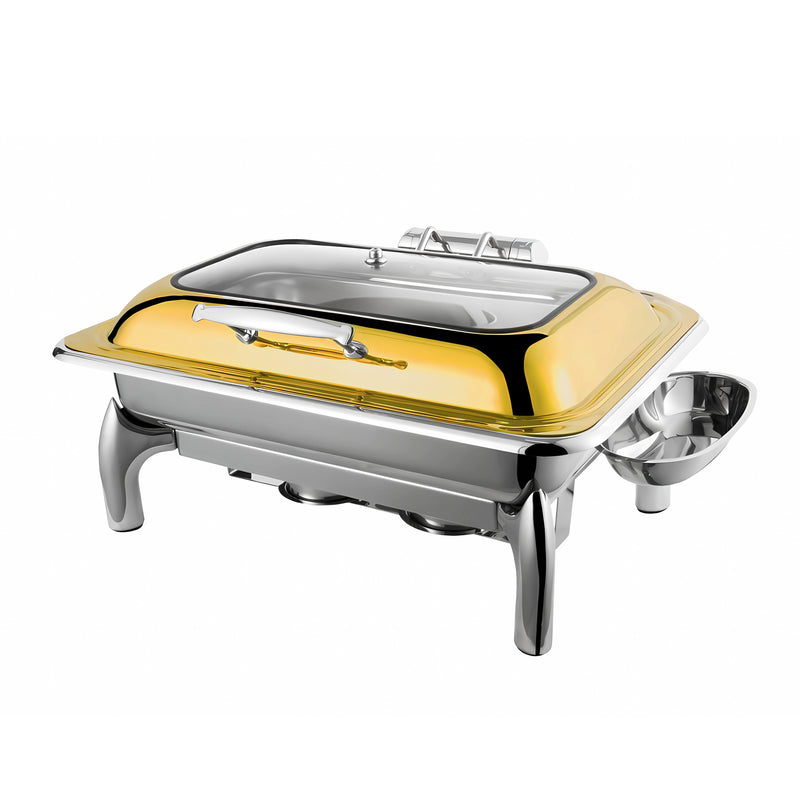 Vague Stainless Steel Gold Rectangle Chafing Dish with Glass Lid 9L