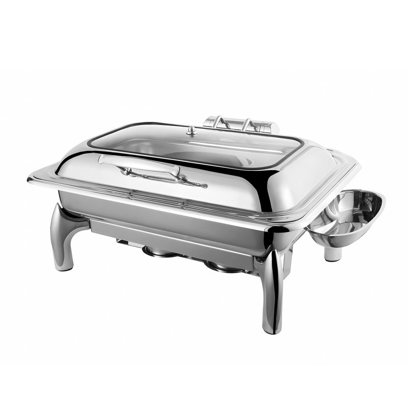 Vague Stainless Steel Silver Rectangle Chafing Dish with Glass Lid 9L