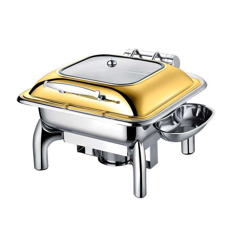 Vague Stainless Steel Gold Square Chafing Dish with Glass Lid 6L