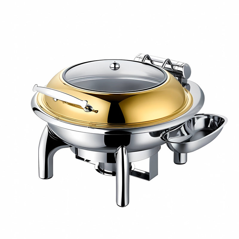Vague Stainless Steel Gold Round Chafing Dish with Glass Lid 6L