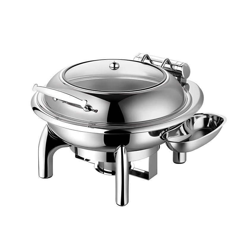 Vague Stainless Steel Silver Round Chafing Dish with Glass Lid 6L