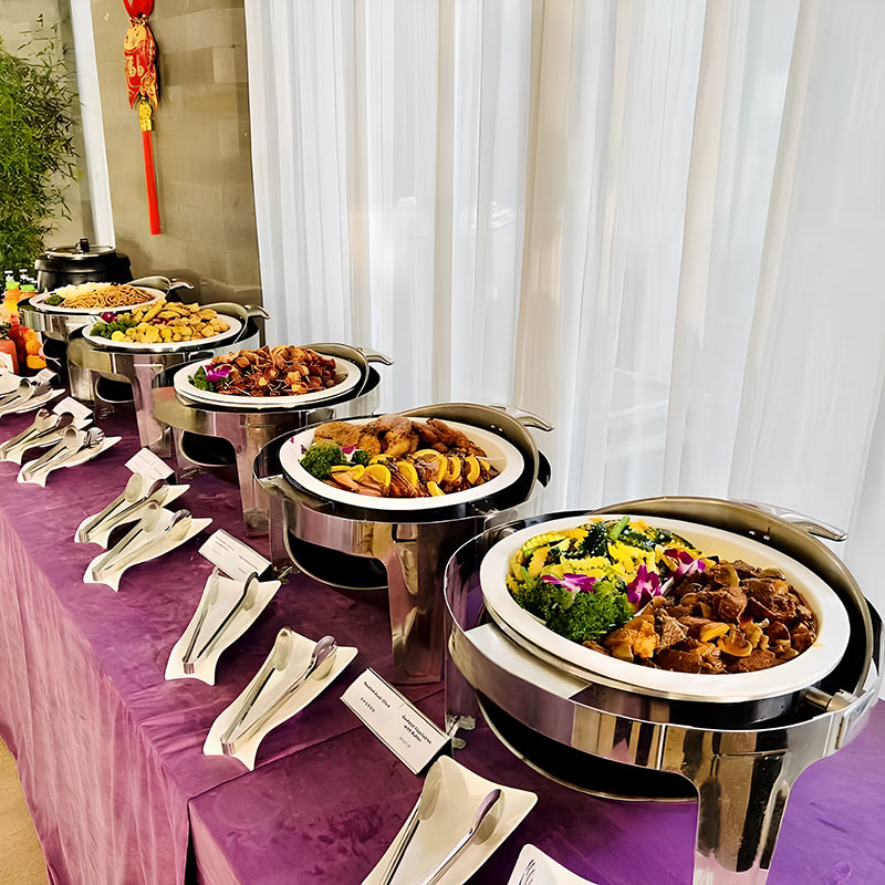 Vague Stainless Steel Round Chafing Dish 6.5 Liter with Glass Window and Fuel Holder - Al Makaan Store
