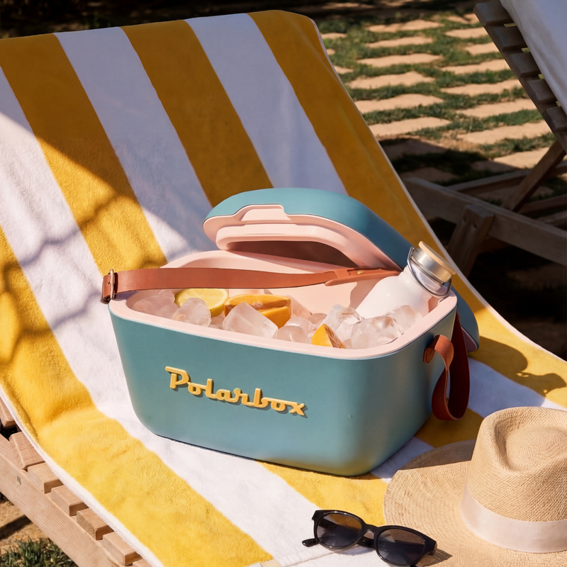 Polarbox 12 L Classic Cooler Box with Leather Strap, Blue - Mustard
