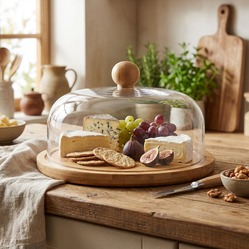 Vague Wooden Serving Cake Platter with Cover and Wooden Knob