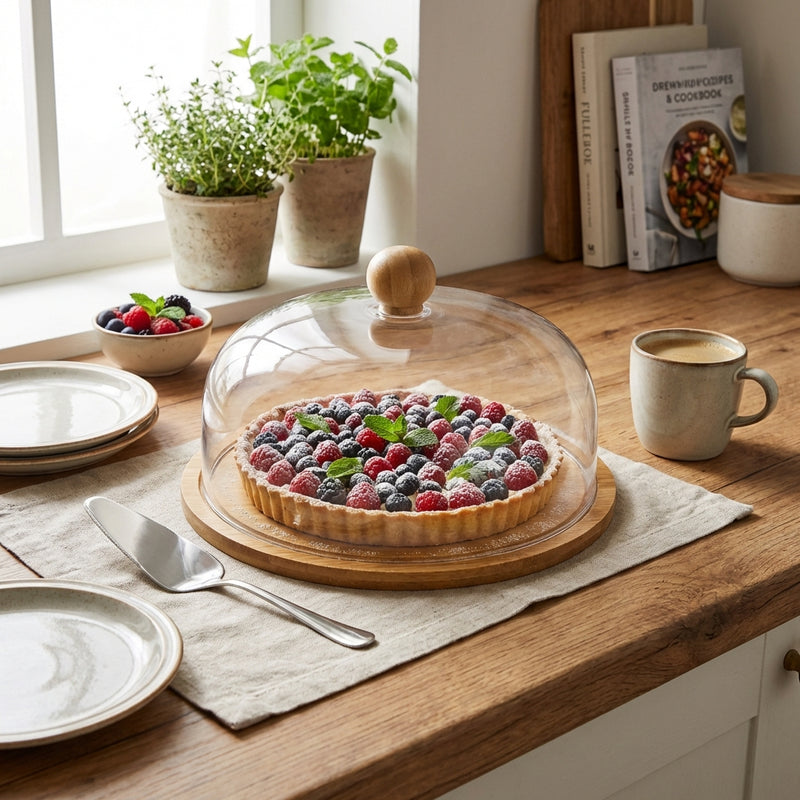 Vague Wooden Serving Cake Platter with Cover and Wooden Knob