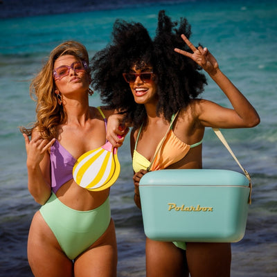 Polarbox 12L Classic Cooler Box with Leather Strap, Sky Blue & Yellow - Al Makaan Store