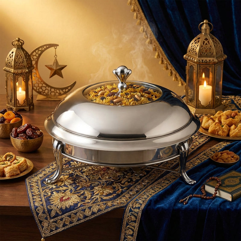 Silver Round Stainless Steel Crown Food Warmer with Glass Insert