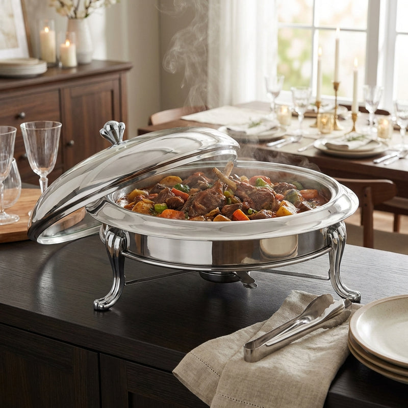 Silver Round Stainless Steel Crown Food Warmer with Glass Insert