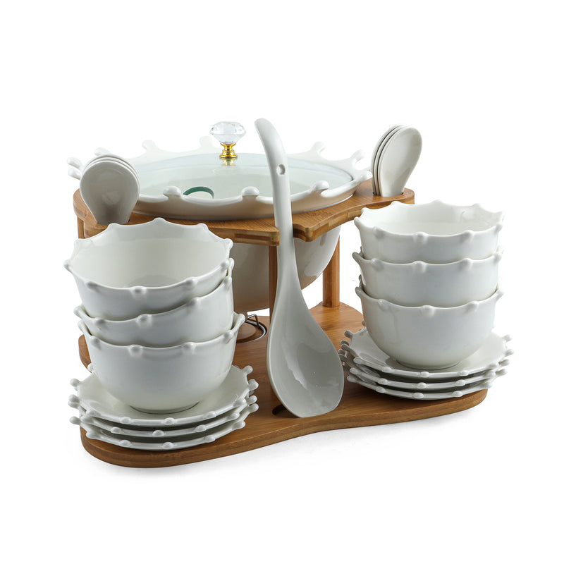 Bamboo Porcelain Soup Set with Stand 22 Pieces