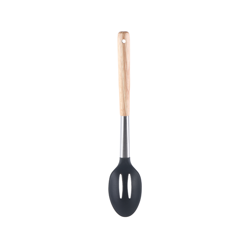Vague Grey Silicone Slotted Spoon with Oak Wood Handle 33 cm - Al Makaan Store