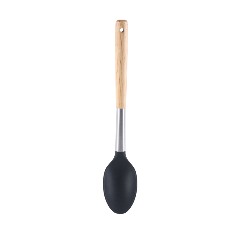 Vague Grey Silicone Solid Spoon with Oak Wood Handle 33 cm - Al Makaan Store