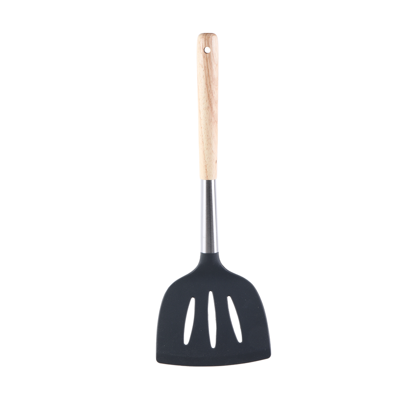 Vague Grey Silicone Big Slotted Turner with Oak Wood Handle 34 cm - Al Makaan Store