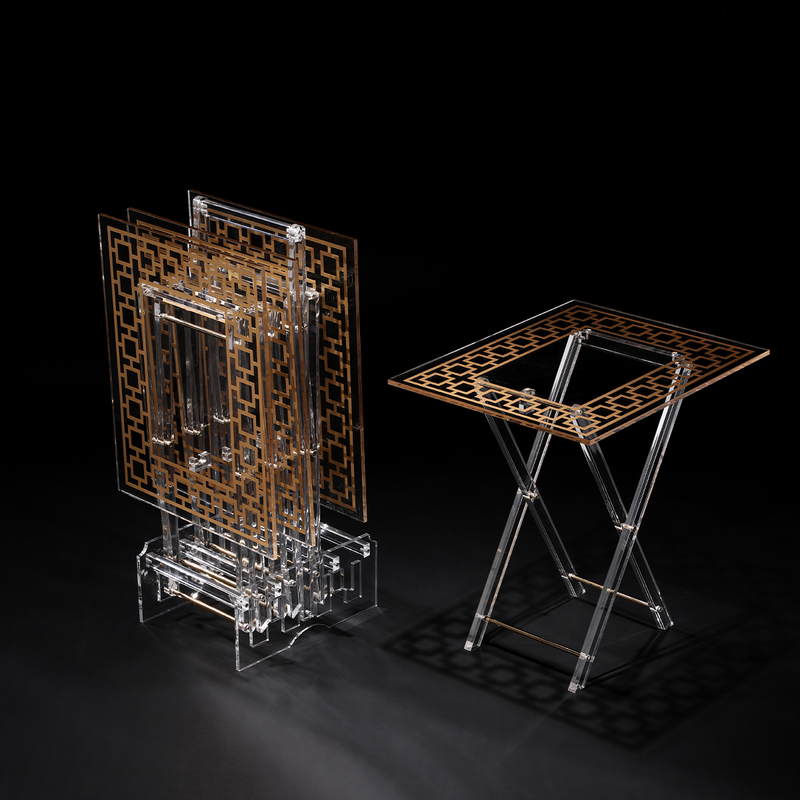 Vague Acrylic 4 Rectangular Coffee Tables with Stand Set Geometric Printing - Al Makaan Store