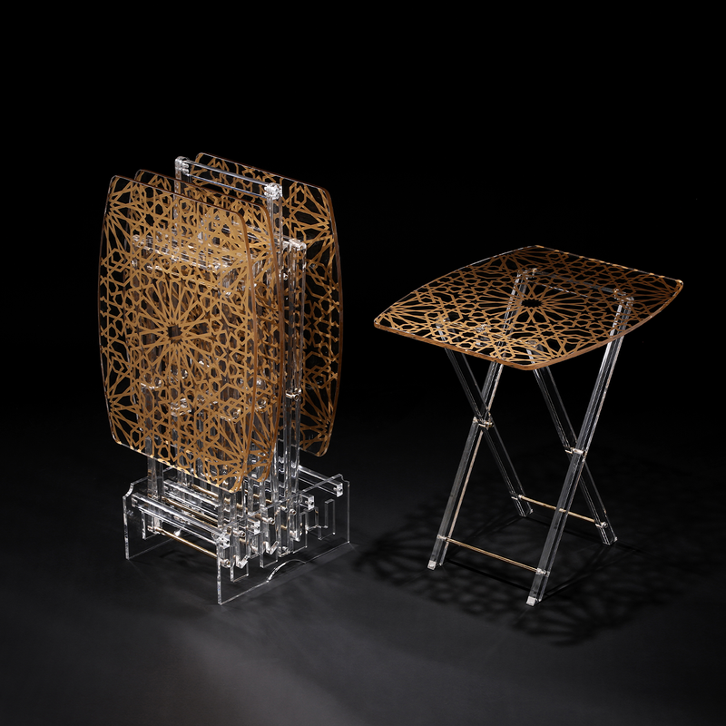 Vague Acrylic 4 Oval Rectangular Coffee Tables with Stand Set Islamic Printing - Al Makaan Store