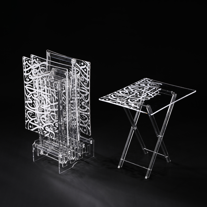 Vague Acrylic 4 Curved Rectangular Coffee Tables with Stand Set Arabic Calligraphy Printing - Al Makaan Store
