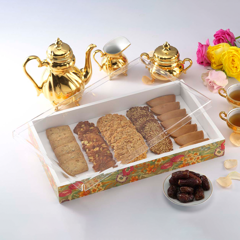 Vague Rectangular Tulip Wooden Serving Box with Acrylic Cover 40 x 24 cm - Al Makaan Store