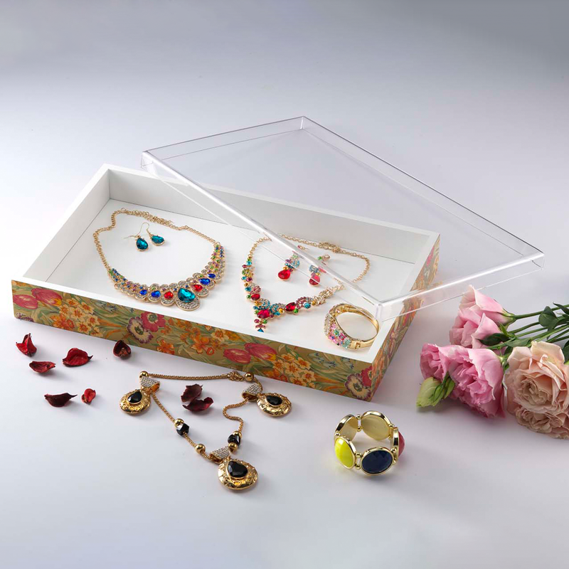 Vague Rectangular Tulip Wooden Serving Box with Acrylic Cover 40 x 24 cm - Al Makaan Store