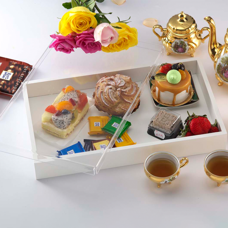 Vague Rectangular White Wooden Serving Box with Acrylic Cover 42 x 26 cm - Al Makaan Store