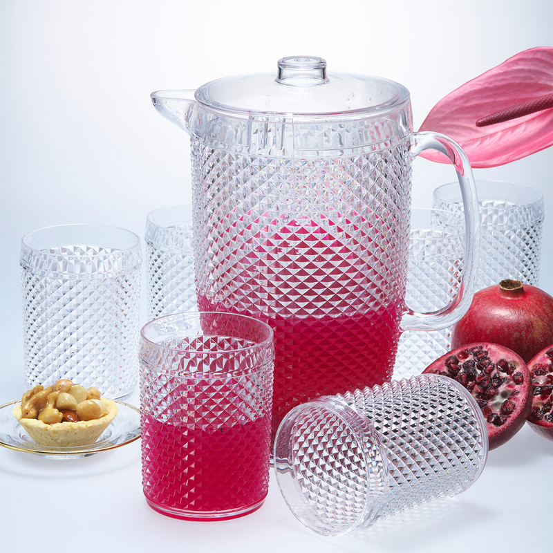 Vague Acrylic Diamond Water Jug 2.37 L with 6 Cups Set - Al Makaan Store
