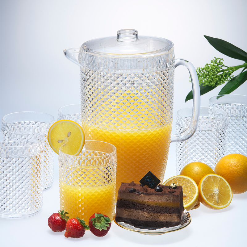 Vague Acrylic Diamond Water Jug 2.37 L with 6 Cups Set - Al Makaan Store