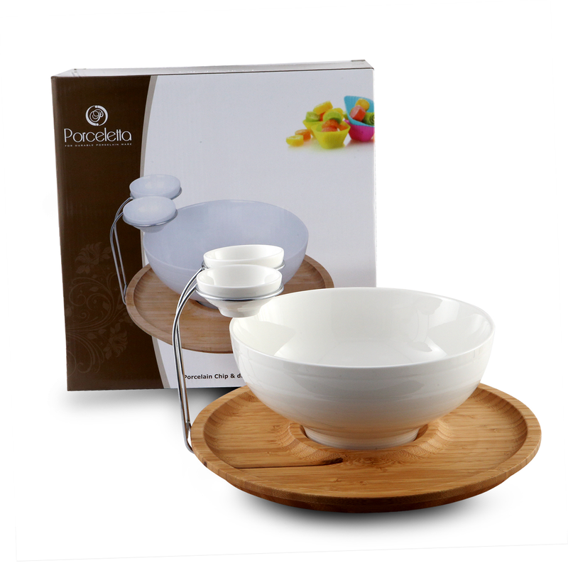 Porceletta Chip & Dip Porcelain  Stand with Bamboo - Al Makaan Store