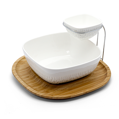 Porceletta Chip & Dip Porcelain Stand with Bamboo - Al Makaan Store