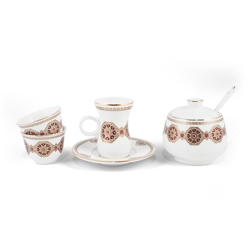 Porceletta Ivory 27 Piece Tea & Coffee Serving Set Golden Red Pattern - Al Makaan Store
