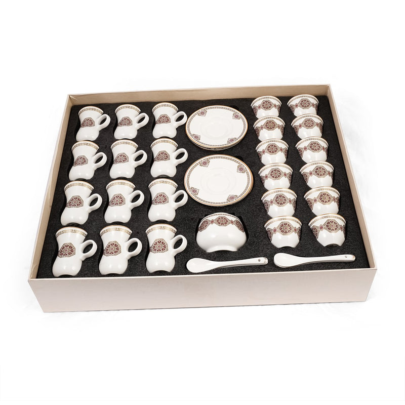 Porceletta Ivory 51 Piece Tea & Coffee Serving Set Golden Red Pattern - Al Makaan Store