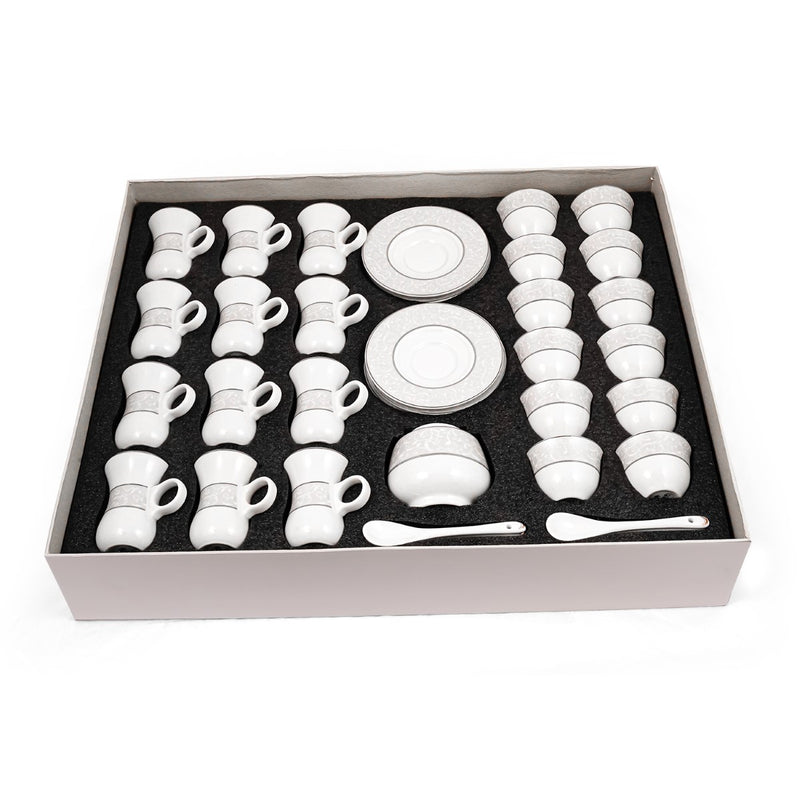 Porceletta Ivory 51 Piece Tea & Coffee Serving Set Silver Design - Al Makaan Store
