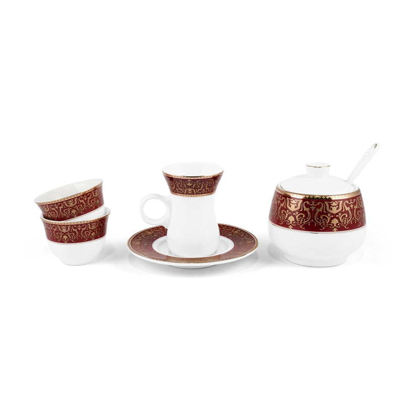 Porceletta Ivory 27 Piece Tea & Coffee Serving Set Burgundy  Design - Al Makaan Store