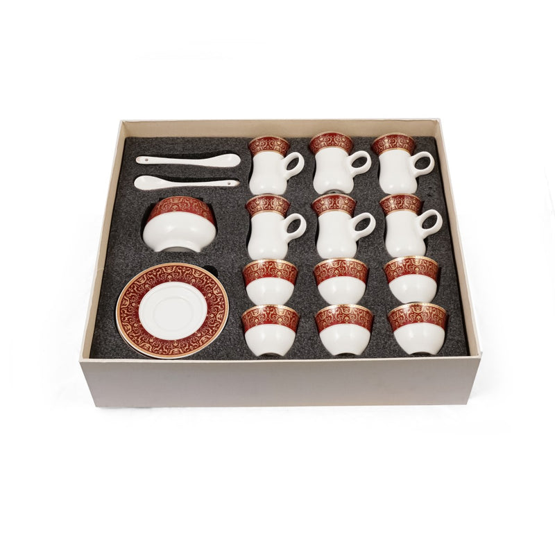 Porceletta Ivory 27 Piece Tea & Coffee Serving Set Burgundy  Design - Al Makaan Store