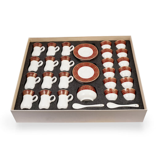 Porceletta Ivory 51 Piece Tea & Coffee Serving Set Burgundy  Design - Al Makaan Store