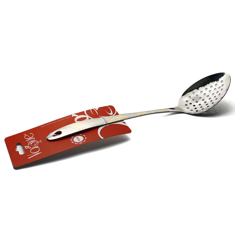 Vague Stainless Steel Serving Spoon with Holes 28 cm Lined Golden & Silver Design - Al Makaan Store