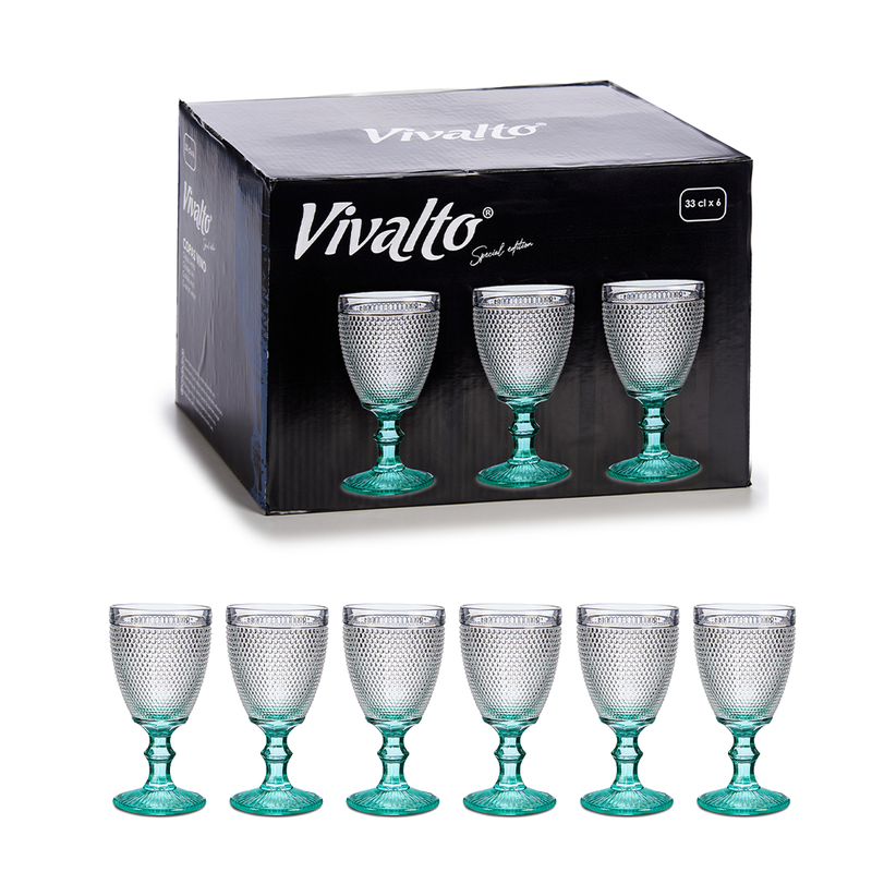 Vivalto 6 Piece Turquoise Foot Points Wine Glass 330 ml Set - Al Makaan Store