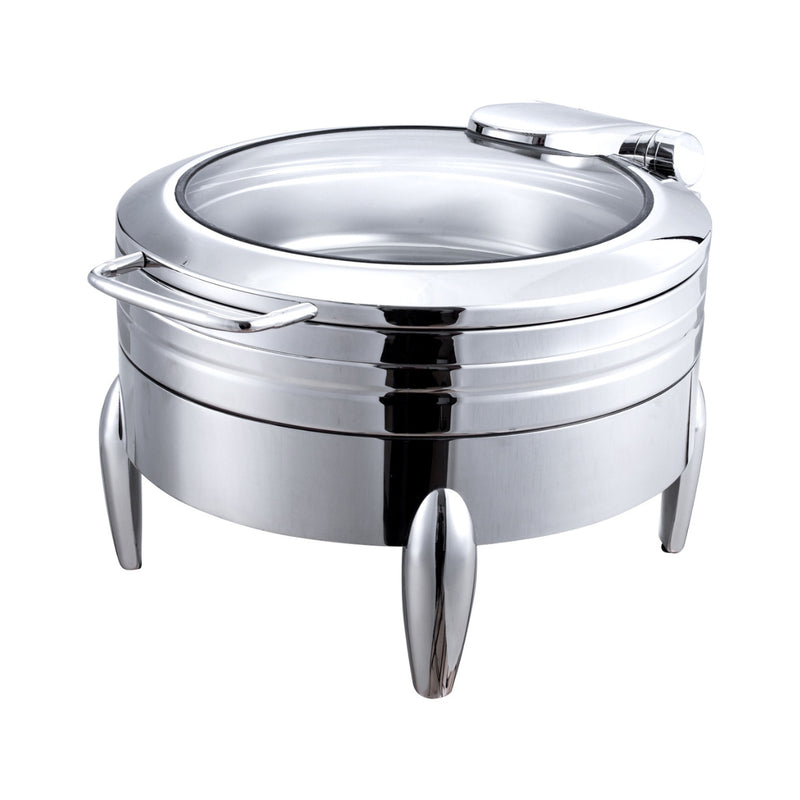 A high-quality, round chafing dish made of stainless steel with a clear glass lid is displayed on a white background.