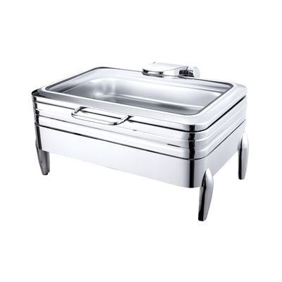 A rectangular chafing dish made of stainless steel with a transparent lid.