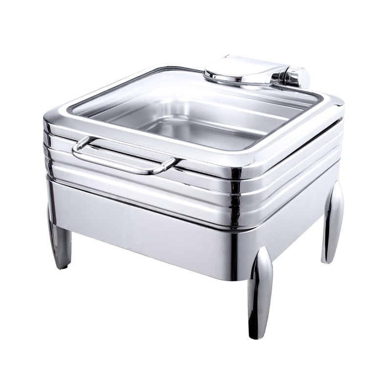  A rectangular chafing dish made of stainless steel. It has a clear glass lid on top and rests on a plain white background.