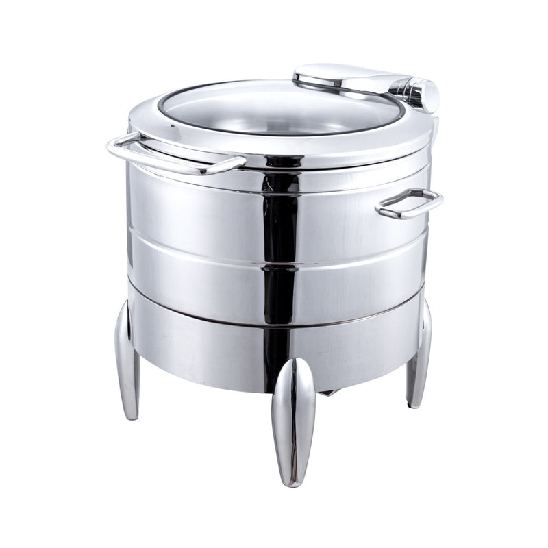 Close-up view of a round stainless steel chafing dish with a glass lid. The chafing dish has a polished finish and sits on a white background.