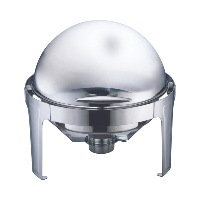 A stainless steel round chafing dish with a clear glass lid on a white background.