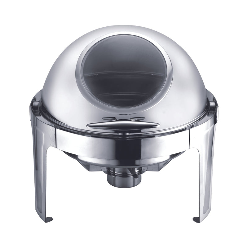 Empty, round chafing dish made of stainless steel with lid and rolled top, on a white surface.